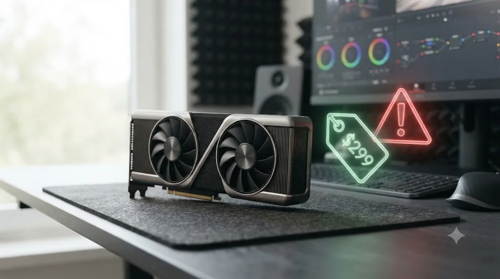 Illustration of an Intel Arc B580 graphics card with a low price tag icon and a caution icon for driver stability
