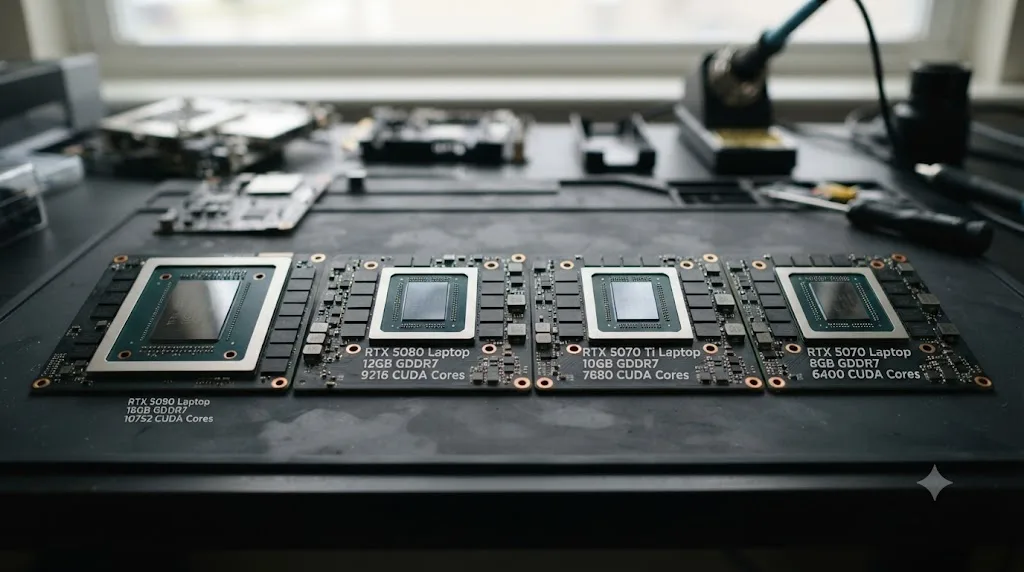 Illustration of RTX 50-series laptop graphics chips compared side by side with VRAM and CUDA core labels for DaVinci Resolve