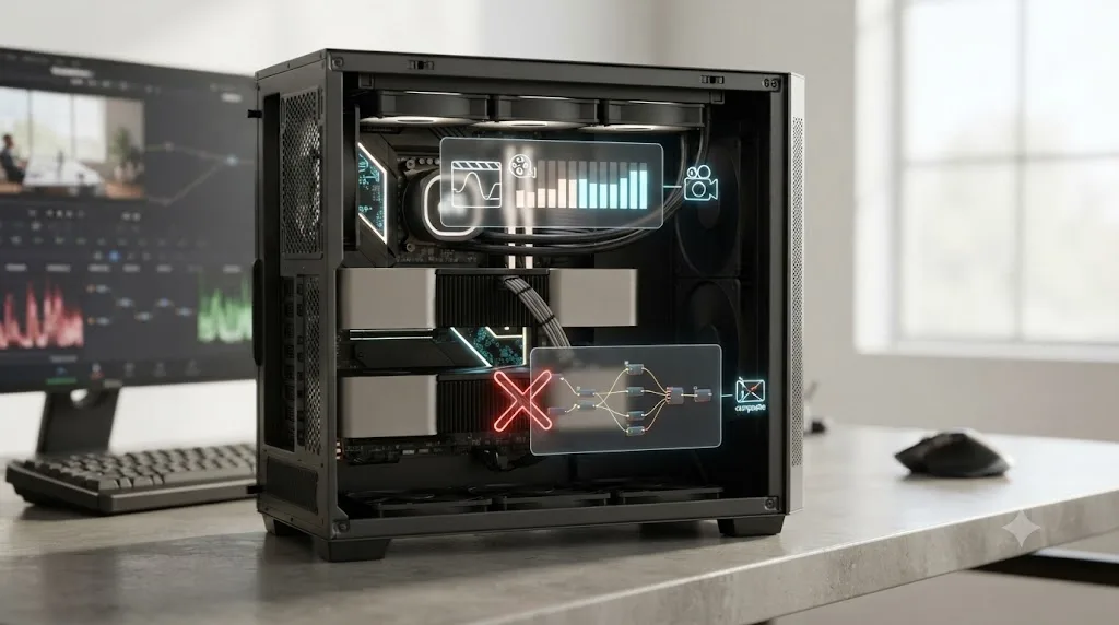 Illustration of a workstation with two graphics cards, showing gains on RAW processing and limits on Fusion compositing