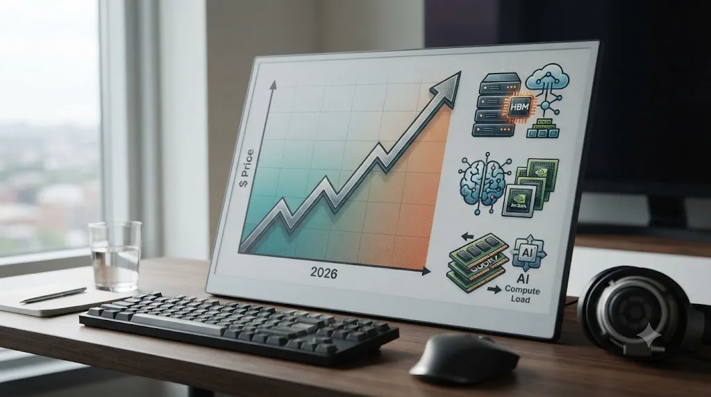 Illustration of a rising graphics card price trend chart in 2026 next to icons representing AI data center memory demand