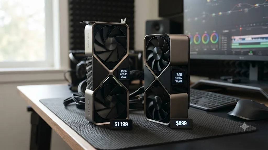 Illustration comparing an RTX 5080 and RTX 5070 Ti graphics card with matching VRAM labels and different price tags
