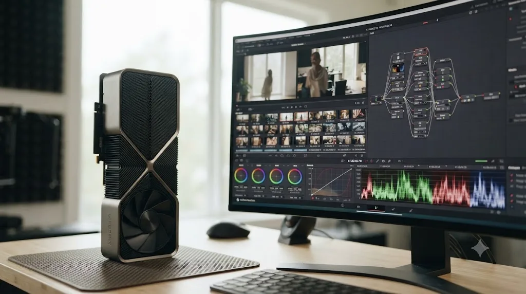 Illustration of an RTX 5090 graphics card beside a DaVinci Resolve timeline with 6K RAW footage and a Fusion node tree
