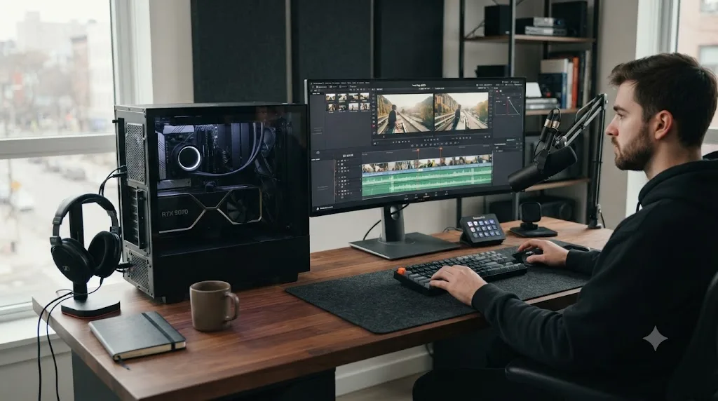 Illustration of a YouTube creator's desk with a budget PC build featuring an RTX 5070 graphics card running DaVinci Resolve