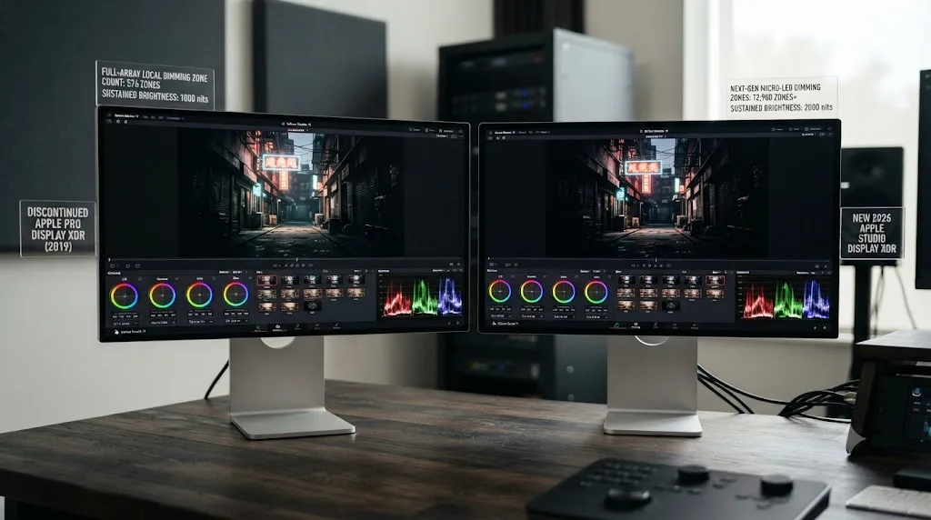 Illustration comparing the discontinued Apple Pro Display XDR against the new 2026 Apple Studio Display XDR
