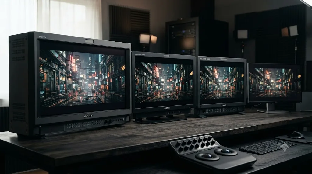 Illustration comparing broadcast reference monitors against a prosumer color grading monitor at different price points