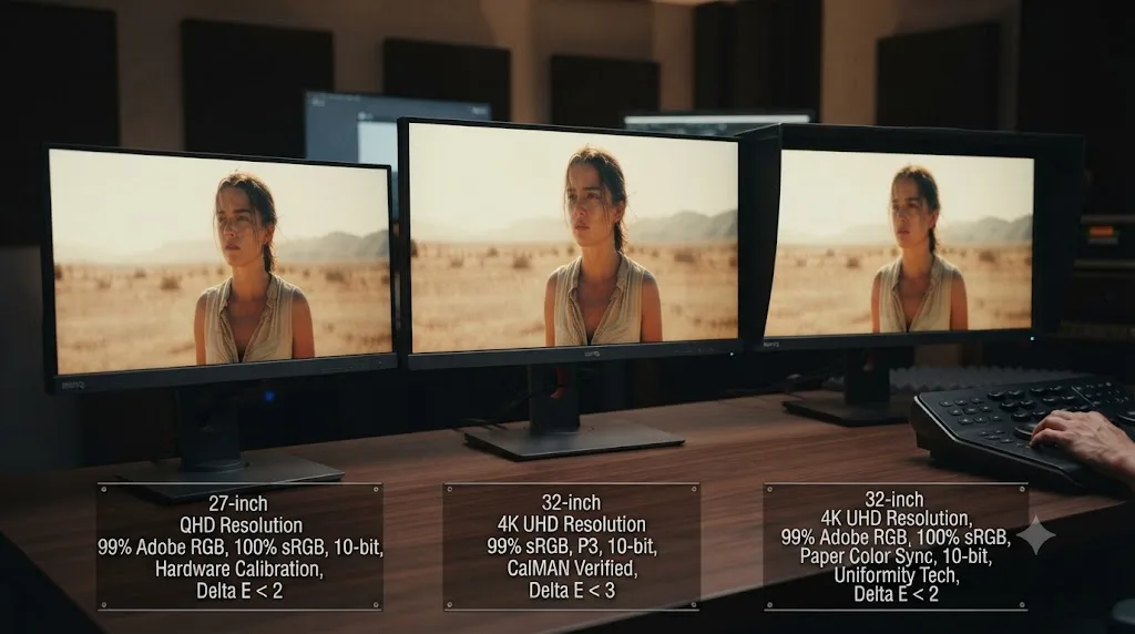 Illustration comparing three budget BenQ color grading monitors with their specs labeled