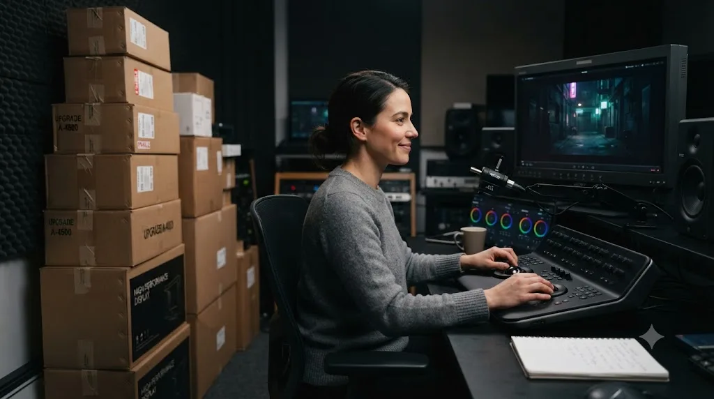 Illustration of a colorist choosing a properly calibrated working monitor setup over unopened monitor upgrade boxes