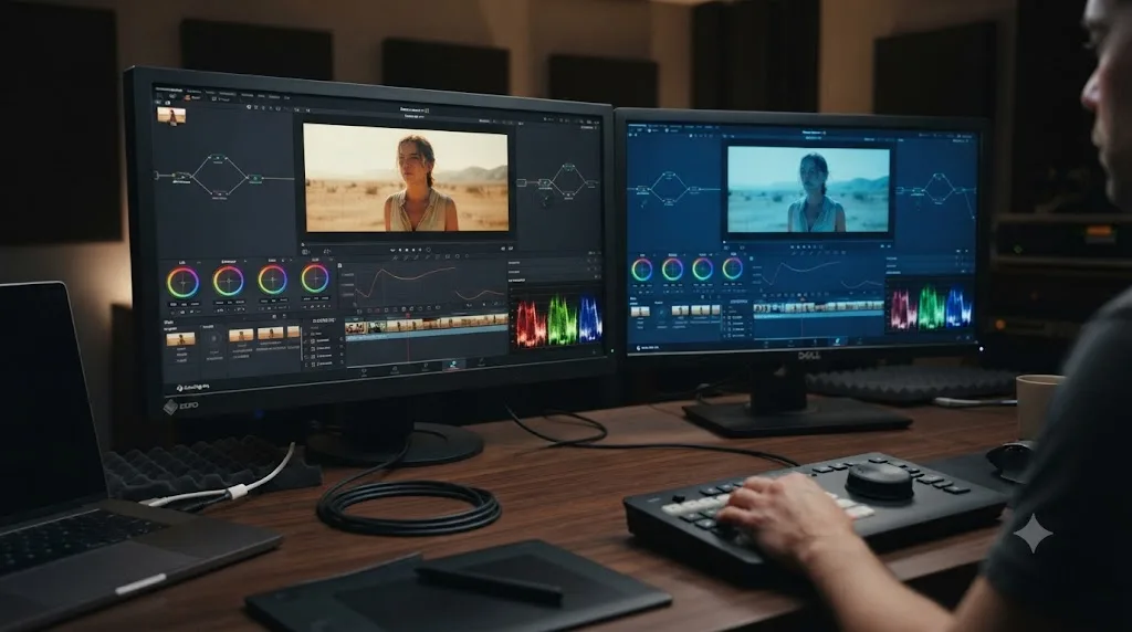 Illustration comparing a correctly graded shot on a calibrated monitor against the same shot appearing miscolored on an uncalibrated display