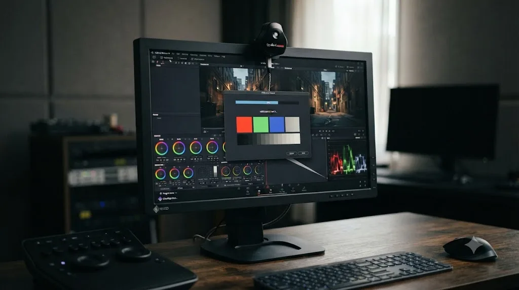 Illustration of a colorimeter device calibrating a monitor for DaVinci Resolve color grading