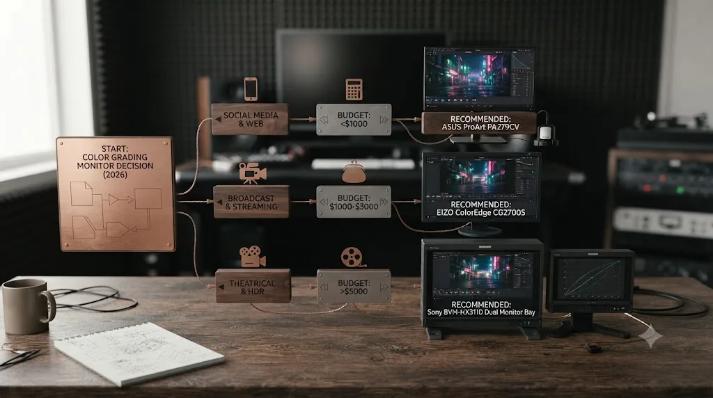 Illustration of a decision flowchart for choosing a DaVinci Resolve color grading monitor by budget and delivery situation