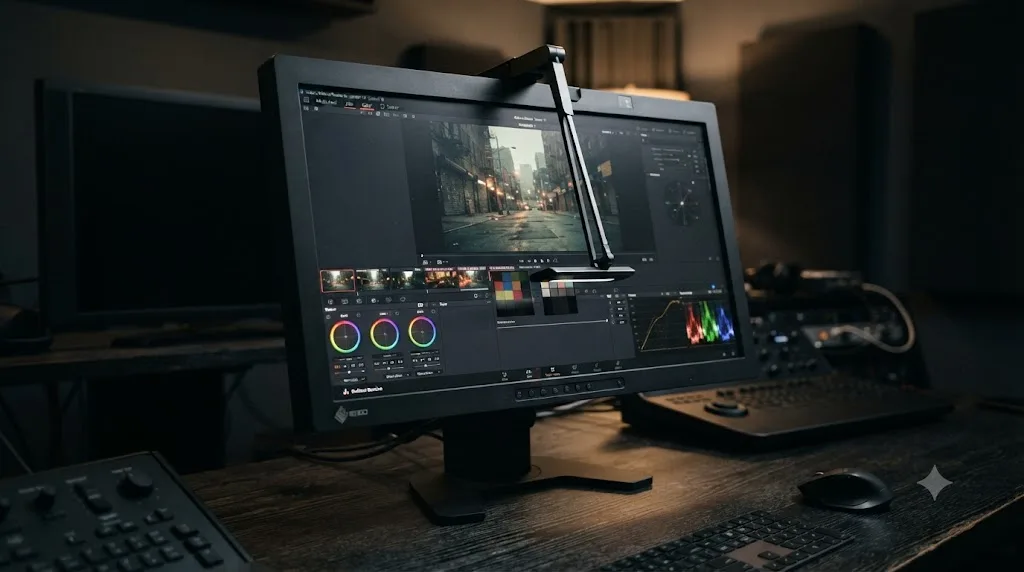 Illustration of a professional color grading monitor with a built-in automatic calibration sensor swung over the display