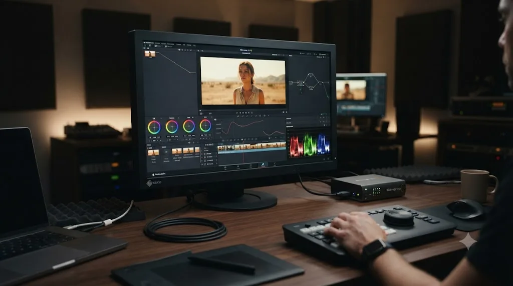 Illustration of a color-accurate reference monitor connected to a Blackmagic I/O device for DaVinci Resolve color grading