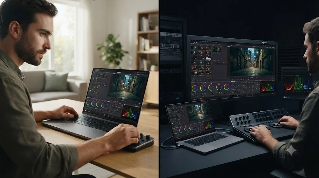 Illustration comparing color grading on a MacBook Pro's built-in display versus an external reference monitor in a controlled room
