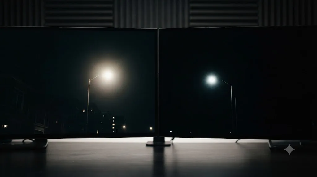 Illustration comparing mini-LED backlight blooming against a clean OLED rendering of the same bright highlight
