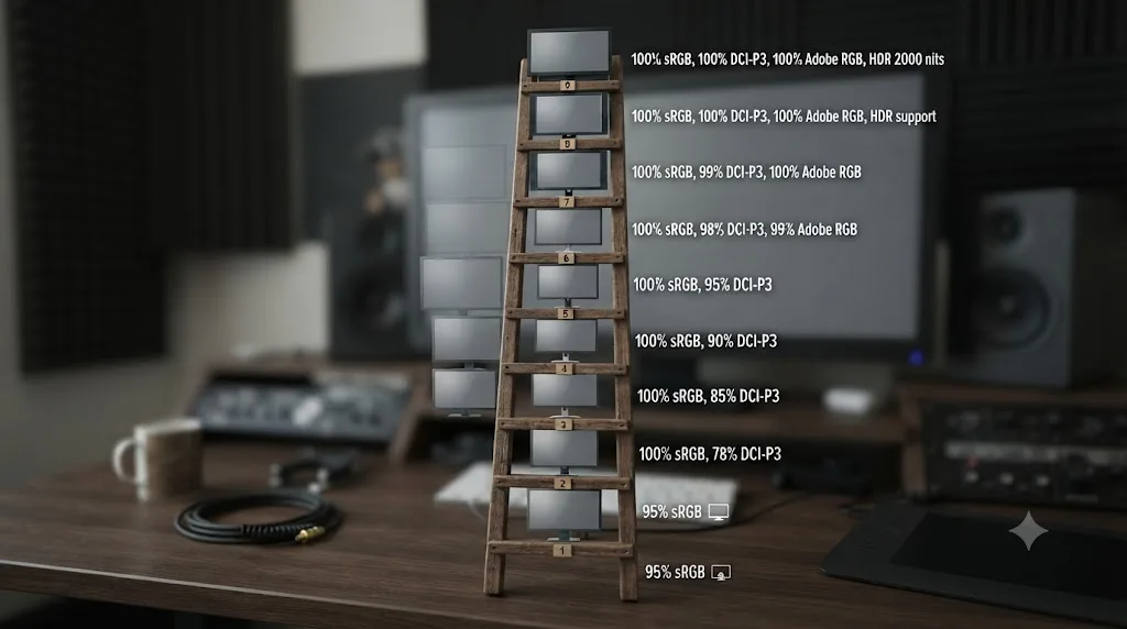 Illustration of a price comparison ladder showing DaVinci Resolve color grading monitors from budget to premium tiers