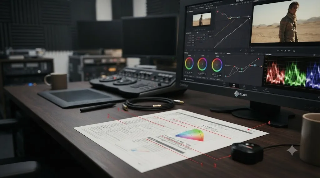 Illustration of a monitor spec sheet with bit depth, gamut coverage, calibration, and brightness specs highlighted for color grading