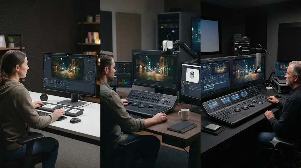 Illustration of three DaVinci Resolve color grading workstations at budget, mid-tier, and facility price points