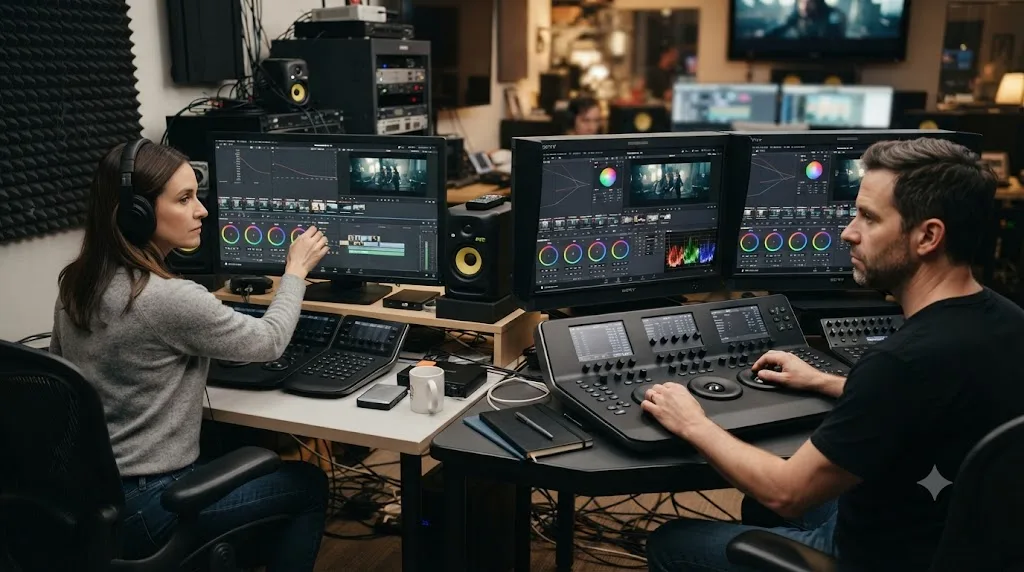 Illustration comparing a prosumer color grading setup and a professional broadcast reference monitor bay, both running DaVinci Resolve