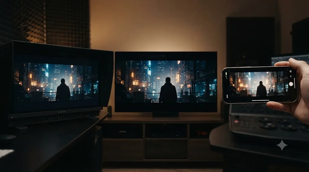 Illustration of the same graded frame appearing differently across a reference monitor, a television, and a phone screen