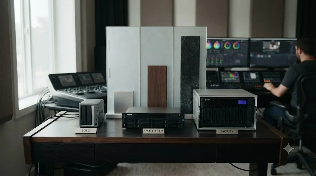 Illustration of a cost breakdown chart for solo, small team, and facility-level DaVinci Resolve NAS setups