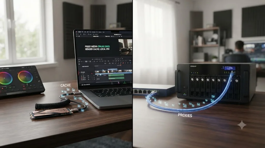 Illustration of DaVinci Resolve render cache staying local while proxy media moves to shared NAS storage