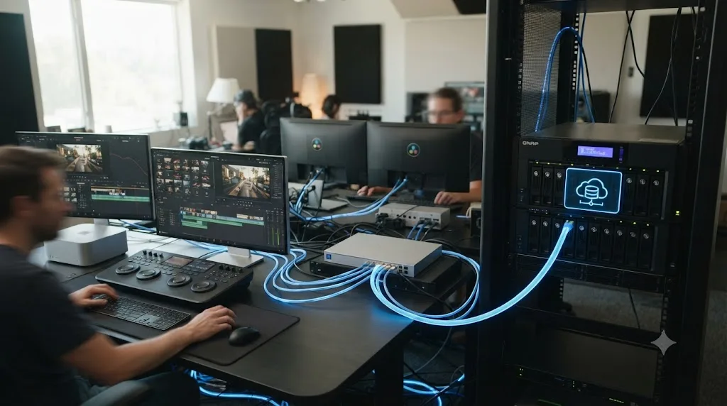 Illustration of multiple DaVinci Resolve workstations connecting to a shared project database on a NAS