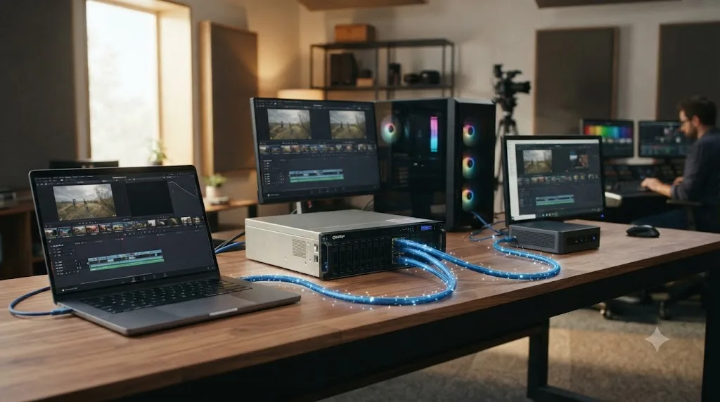 Illustration of Mac, Windows, and Linux computers all connecting to the same shared NAS storage