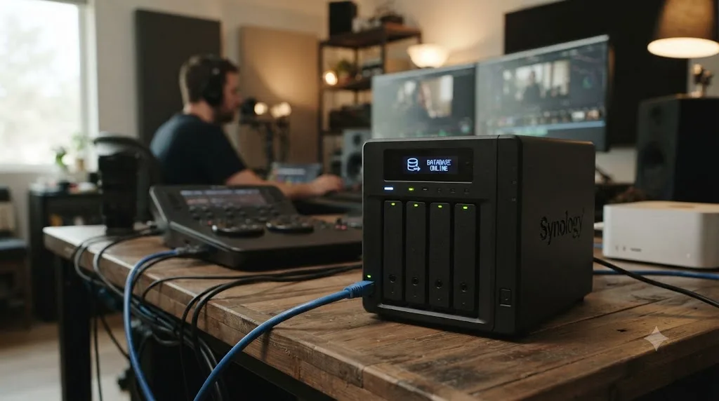 Illustration of a dedicated always-on database server hosting a DaVinci Resolve project database