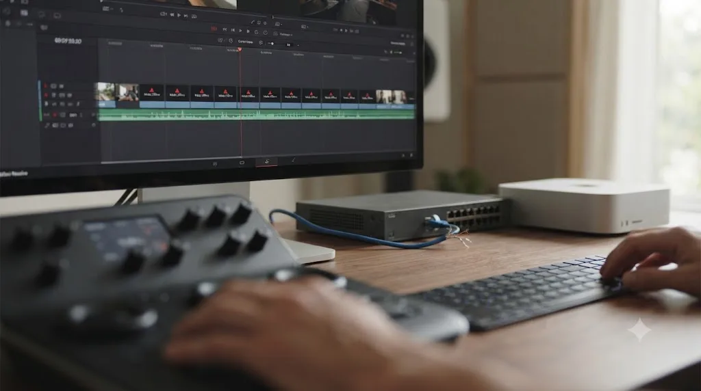 Illustration of a DaVinci Resolve timeline showing a media offline warning with a broken network connection behind it