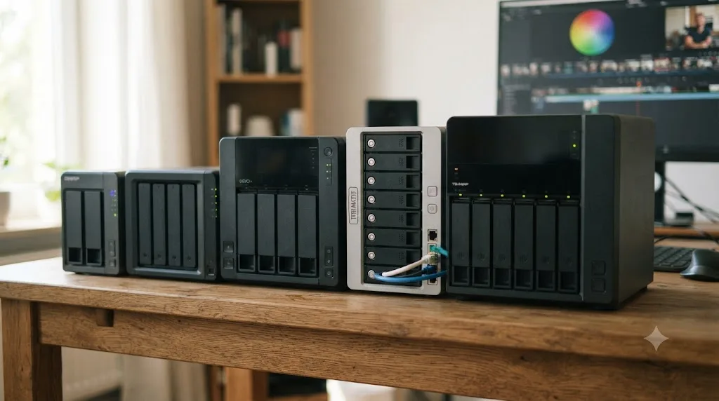 Illustration of a lineup of NAS storage devices of different sizes compared side by side