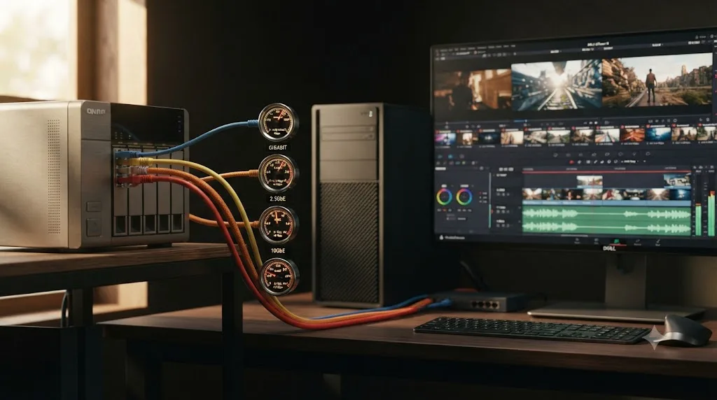Illustration of different network speed tiers feeding a DaVinci Resolve editing timeline