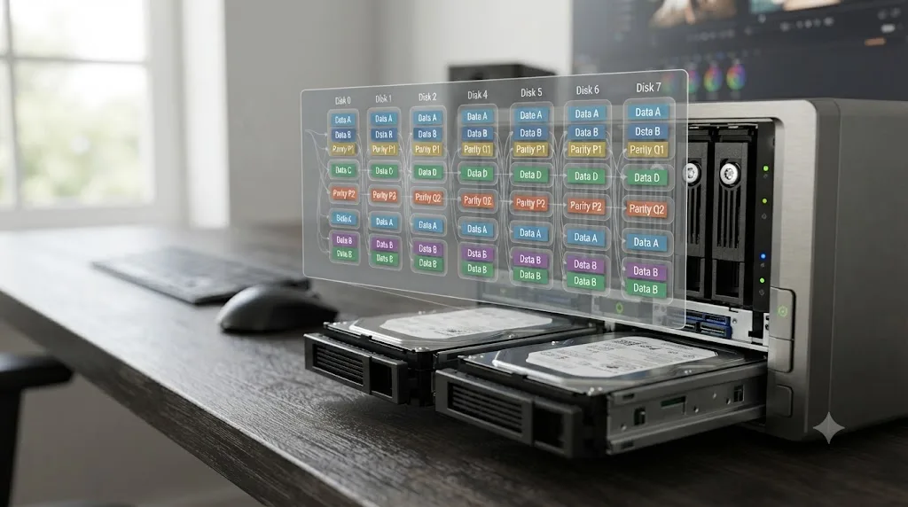 Illustration of drive bays in a NAS showing RAID parity distribution across disks