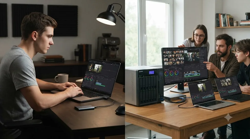 Illustration comparing a solo editor's external SSD setup to a small team's shared NAS setup