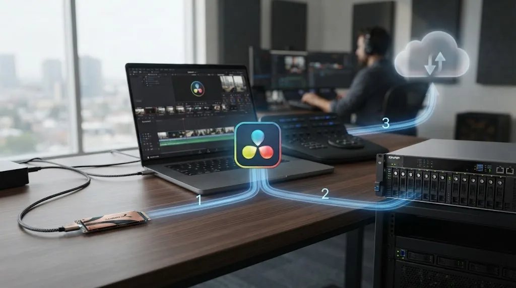 Illustration comparing external SSD, NAS, and cloud storage options for DaVinci Resolve