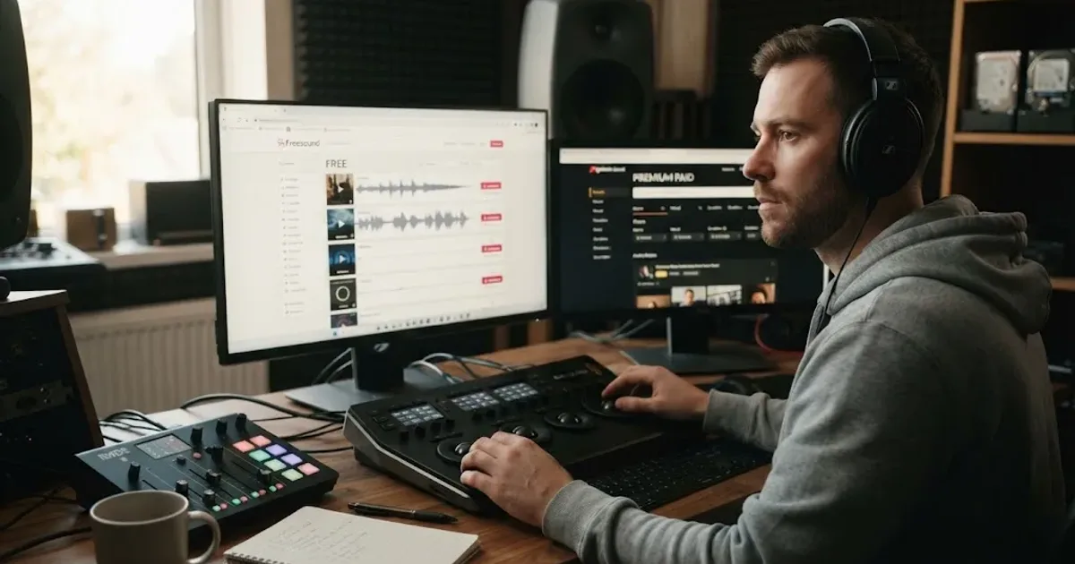Illustration of a creator comparing sound effects libraries for YouTube videos