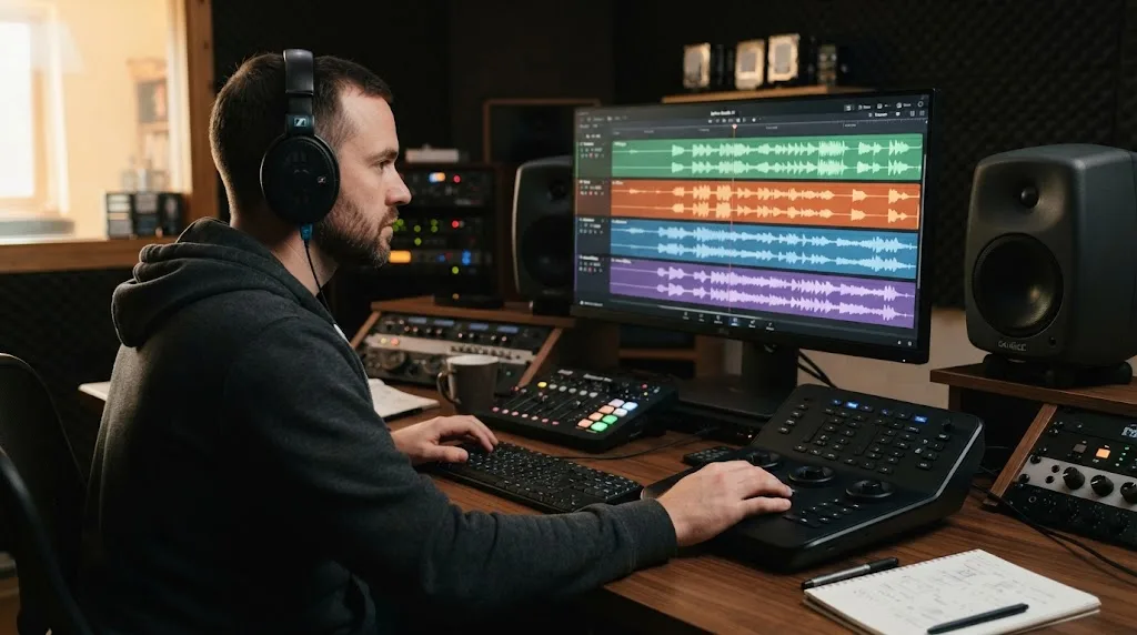 Illustration of a DaVinci Resolve 21 Fairlight sound effects workflow
