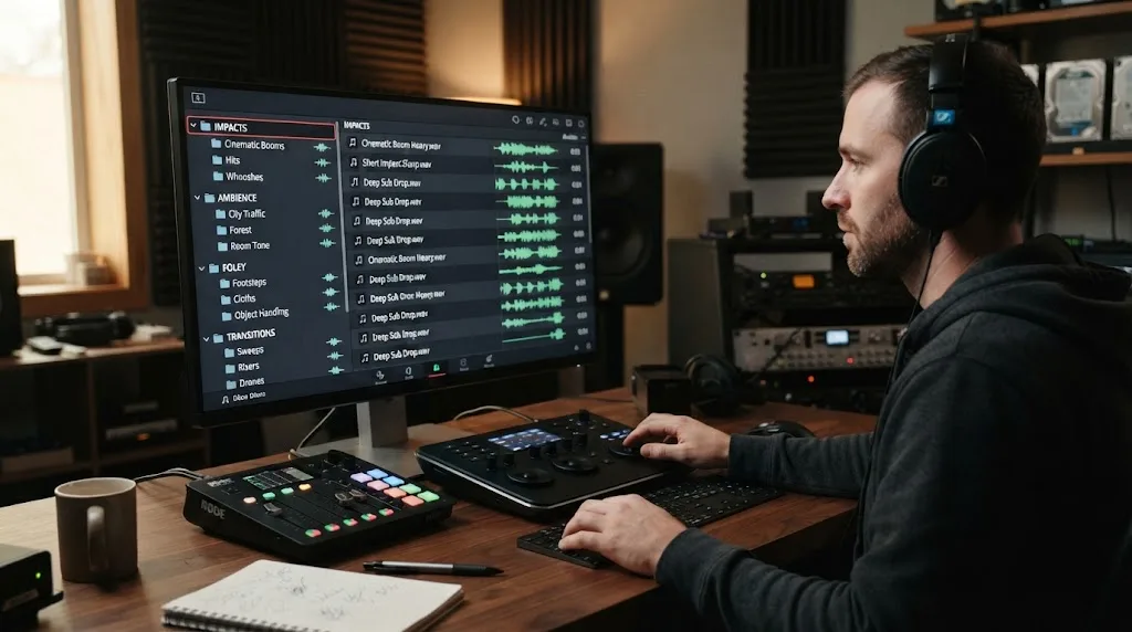 Illustration of categorized free sound effects for a YouTube video