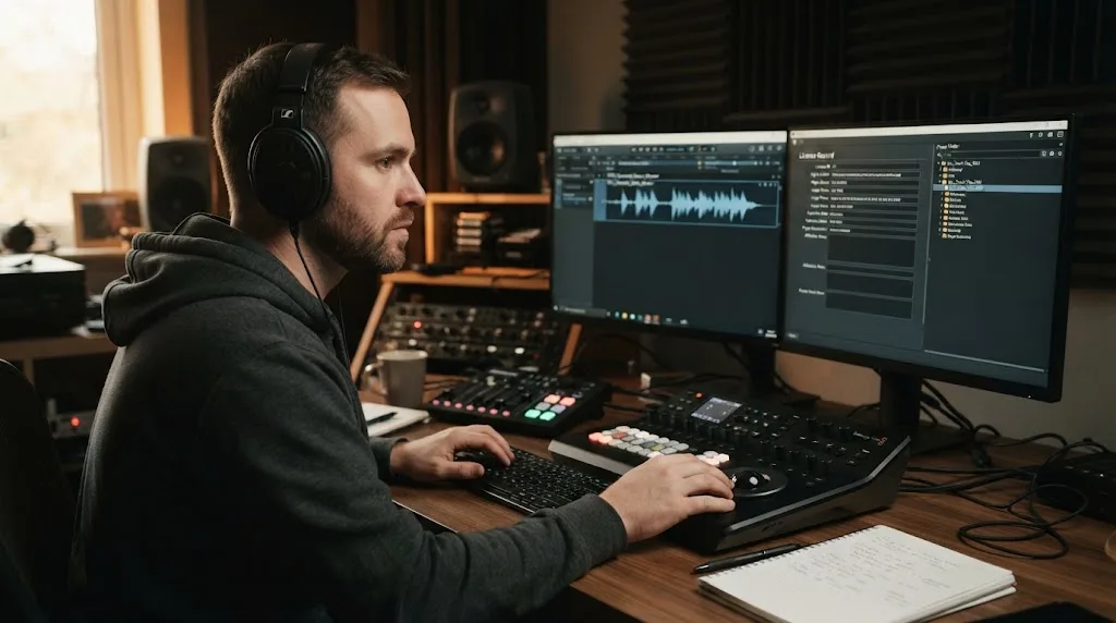 Illustration of a YouTube editor documenting a sound effects license