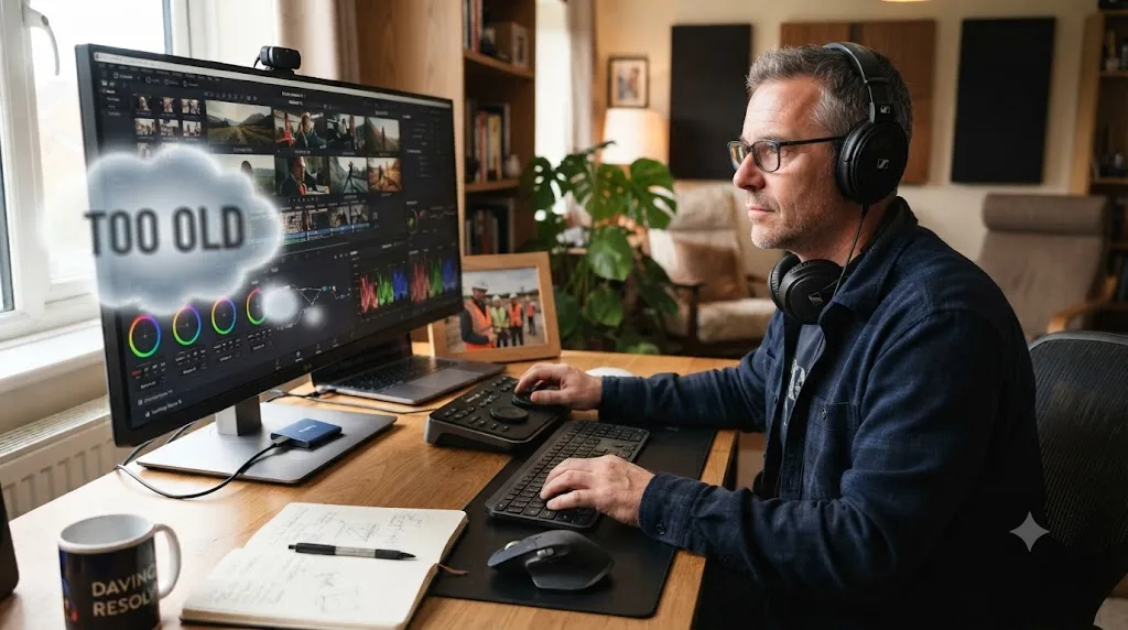 Illustration of a career changer setting aside age doubts to focus on building a demo reel