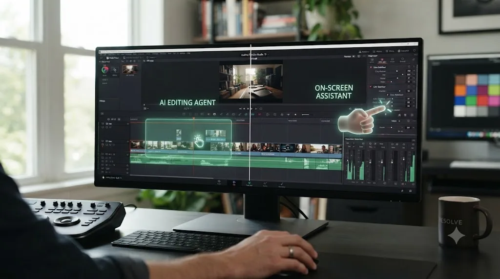 Illustration comparing an AI editing agent that automates changes with an on-screen assistant that points at controls
