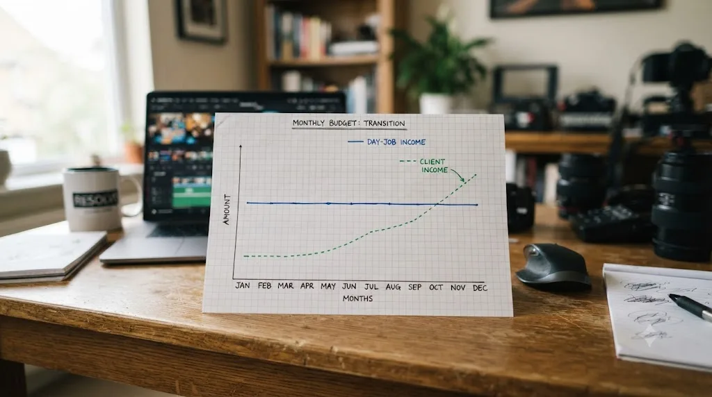 Illustration of a monthly budget chart showing steady day-job income and slowly growing client income during a career transition