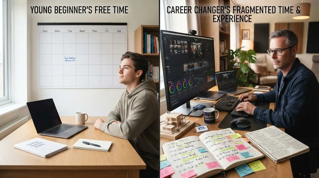 Illustration comparing a young beginner's free time with a career changer's fragmented time and prior experience