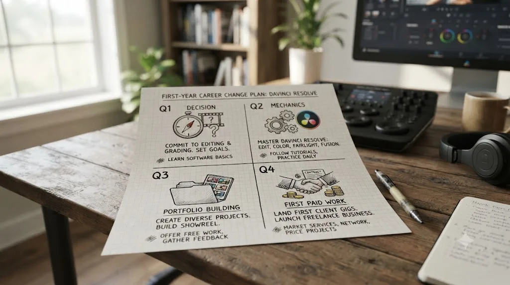 Illustration of a four-quarter first-year plan for a DaVinci Resolve career change at 40