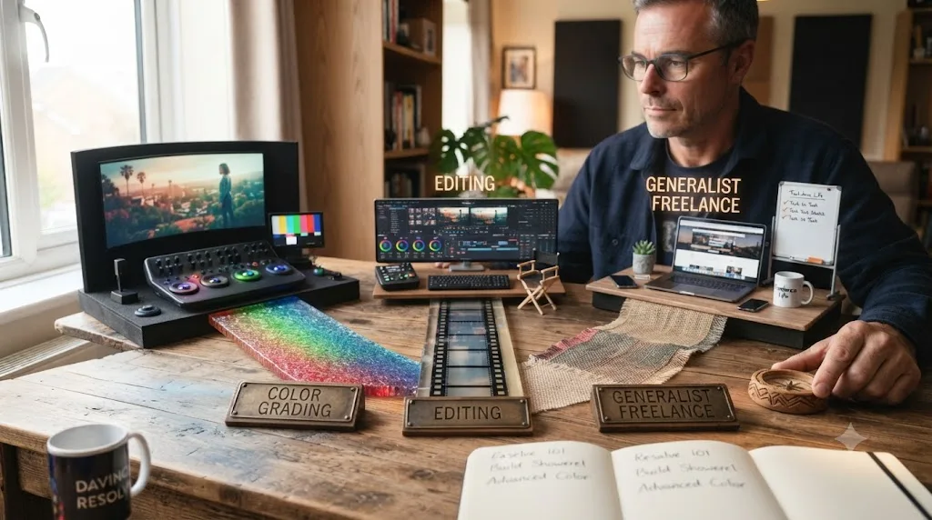 Illustration of a career changer choosing between editing, color grading, and generalist freelance paths