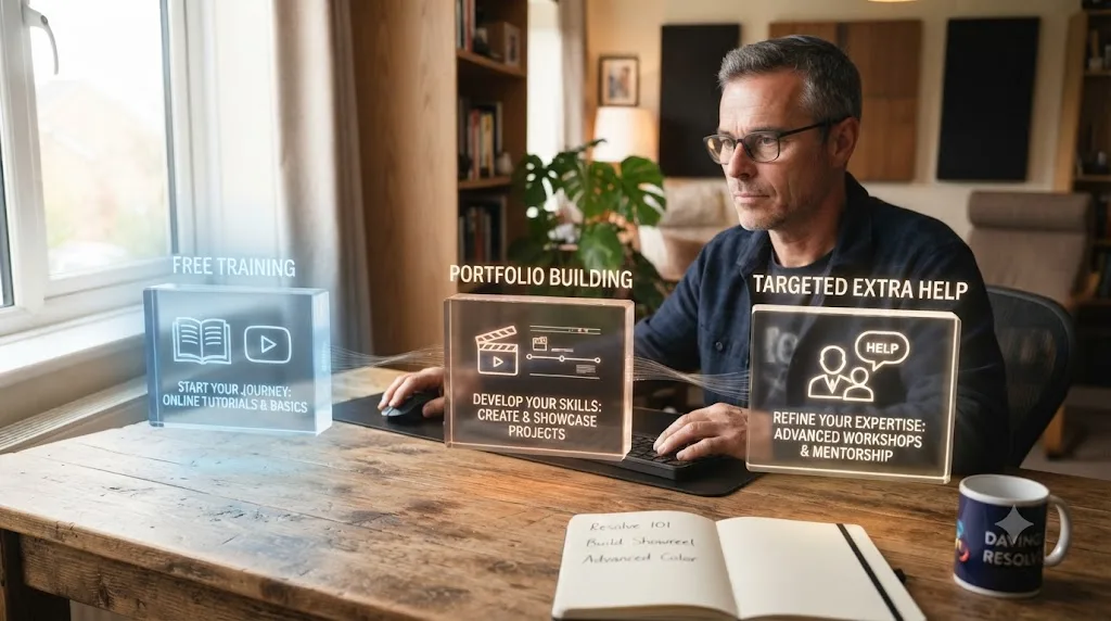 Illustration of a three-stage learning sequence for a DaVinci Resolve career change at 40