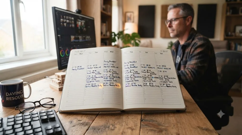 Illustration of a weekly calendar showing a protected DaVinci Resolve practice block among job and family commitments