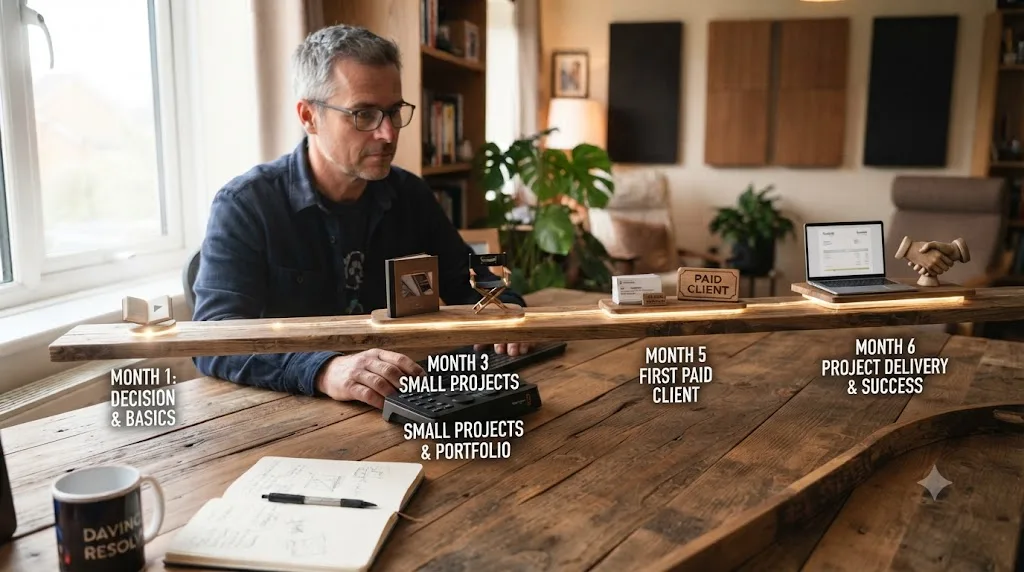 Illustration of a six-month timeline from deciding to learn DaVinci Resolve to landing a first paid client