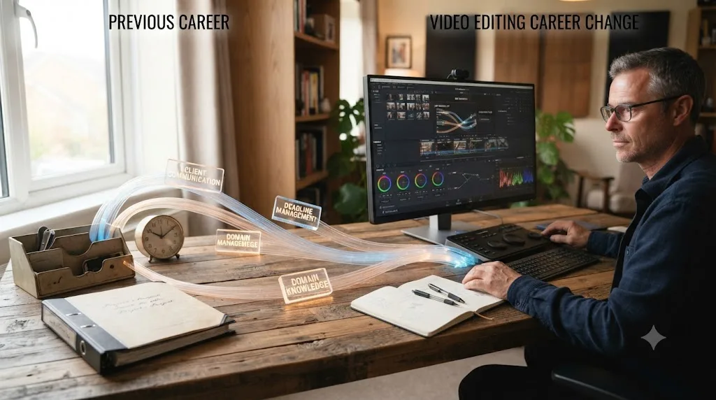Illustration of transferable skills flowing from a previous career into a video editing career change
