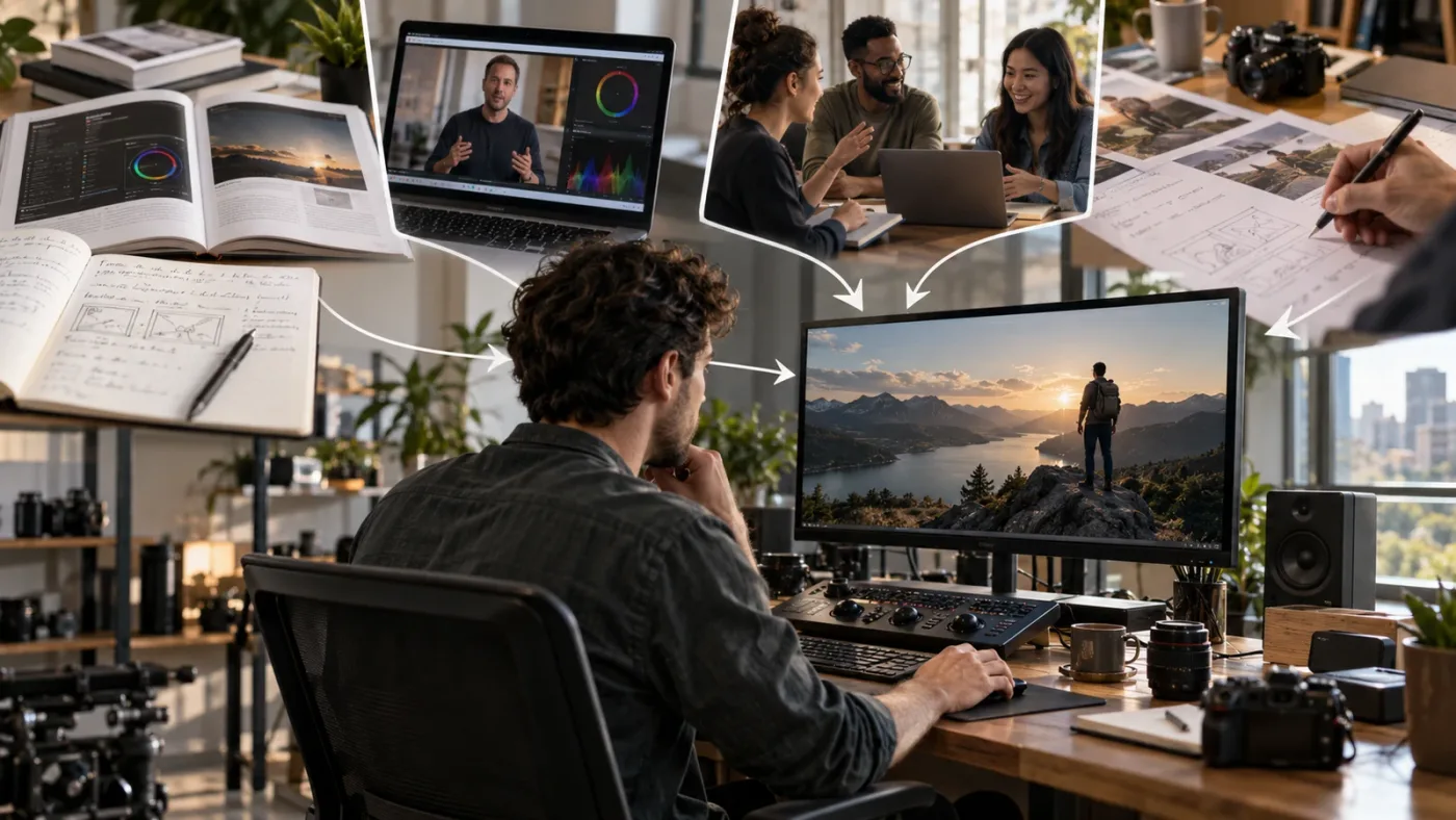 Illustration of learning routes converging on a DaVinci Resolve deliverable