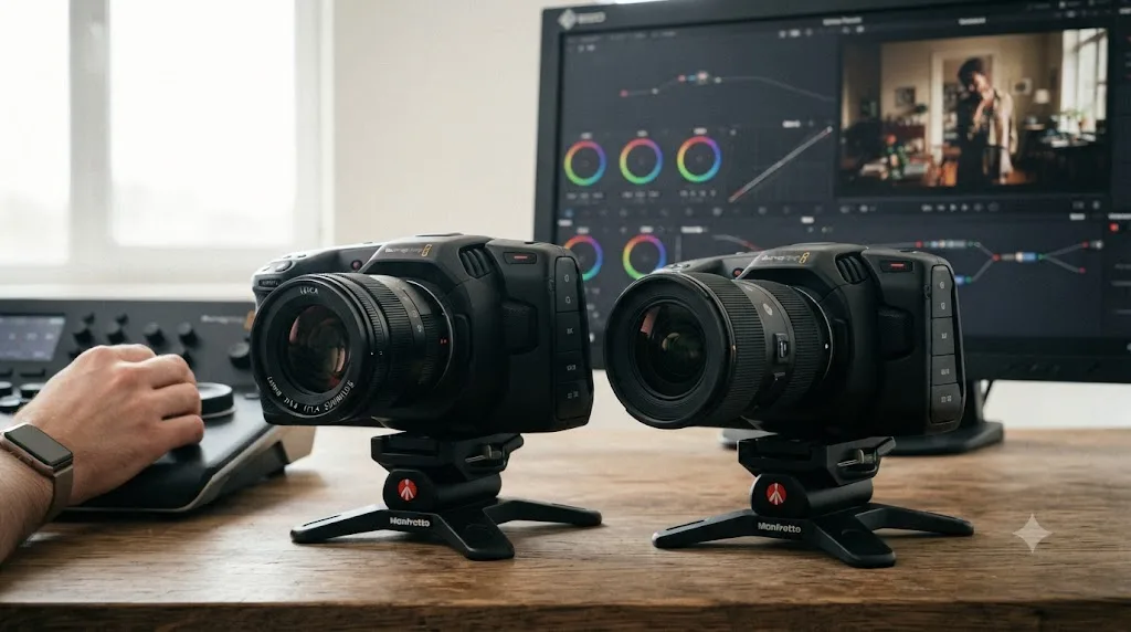 Illustration comparing the full frame Blackmagic Cinema Camera 6K with L-Mount against the Super 35 Blackmagic Pocket Cinema Camera 6K with EF mount